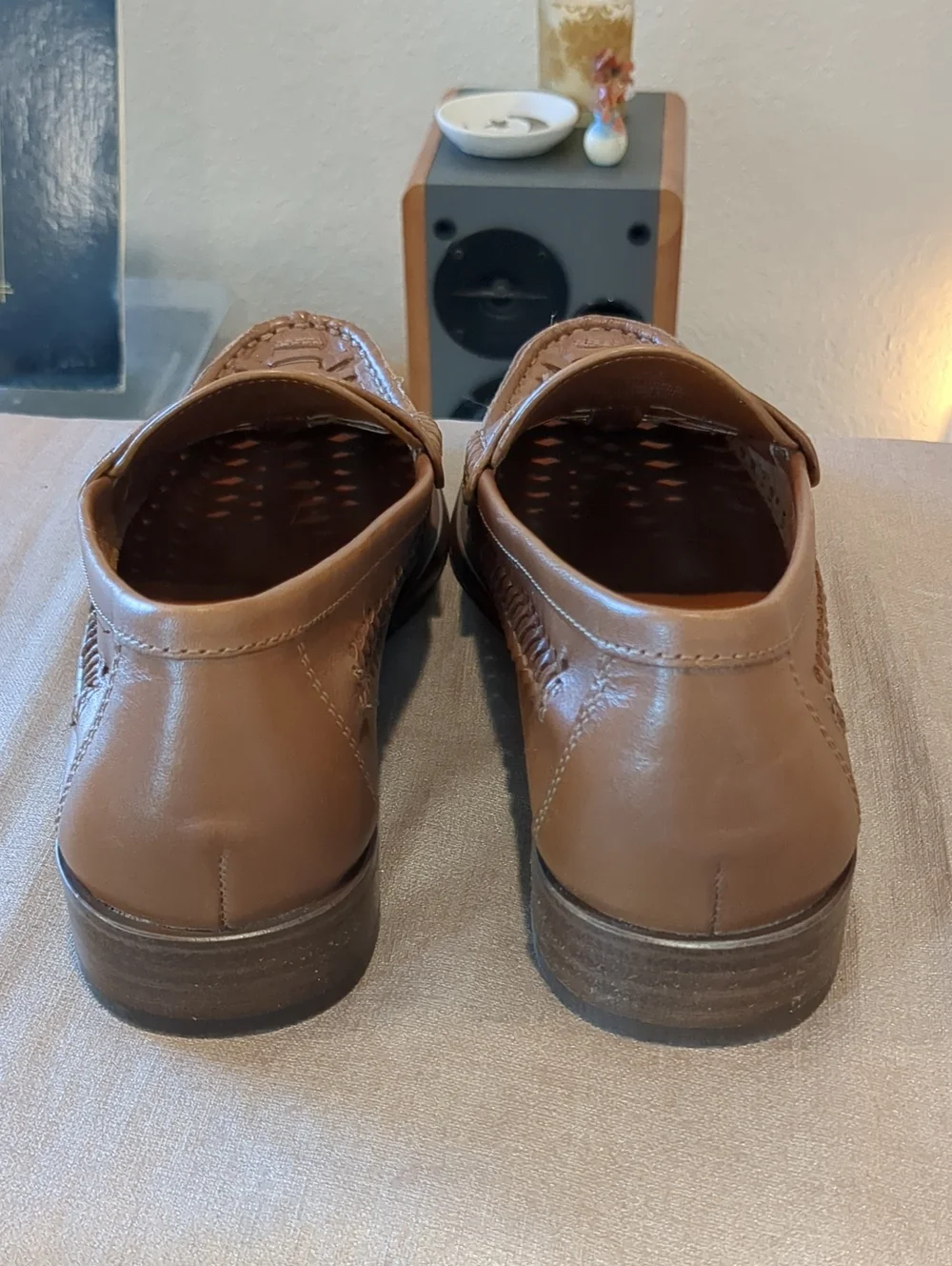 Vince Camuto Brown Woven Leather Penny Loafers Womens